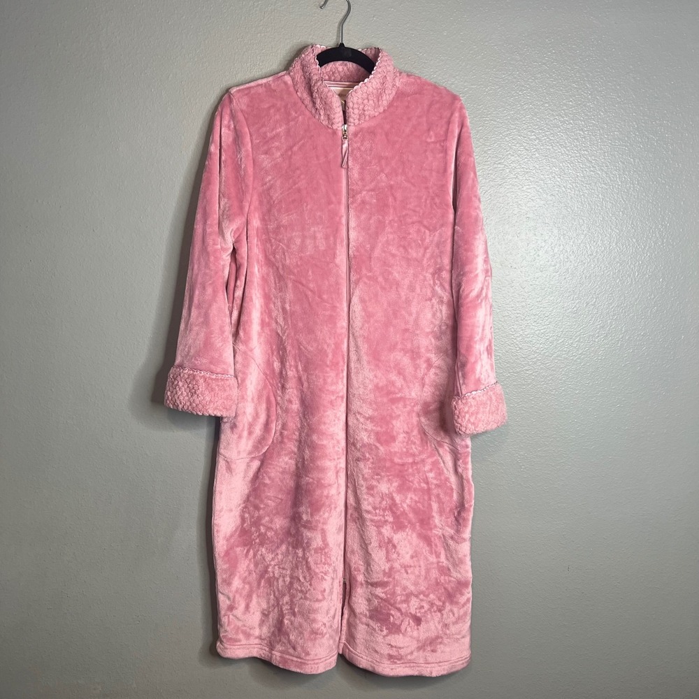 Stan Herman Robe Sz PM Pink Full Zip Plush Mock Neck Sherpa Trim Housecoat
